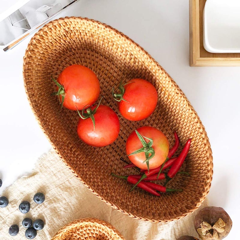 i-lan Large Size Handmand Oval Bread Serving Basket, Natural Rattan Fruit Bowl, Coffee Table Tray for Food Storage, Snack, Vegetable, Honey Brown ï¼ˆL: 12.5") - Image 5